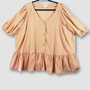 LC Lauren Conrad White Orange Micro Plaid Balloon Sleeve Peplum Top Size 4x